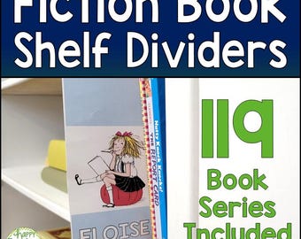 May include: A set of 119 book shelf dividers featuring a green and white design. The dividers are labeled with the text "Book Series Included". One divider features a cartoon illustration of a girl sitting on a red ball with the text "ELOISE".