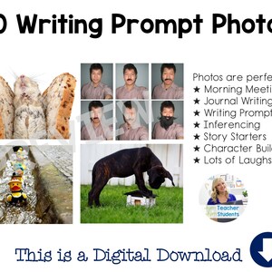 May include: A digital download of 180 writing prompt photos for use in the classroom. The photos feature a variety of humorous and engaging images, including a hamster in a sandwich, a dog wearing a hat, and a woman holding a sign that says "Teacher for Students".
