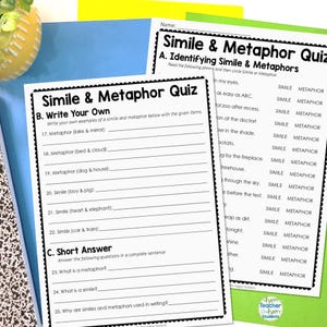 Vergelijkings- en metafoorquiz | Vergelijkings- en metafoortest | Quiz van 2 pagina&#39;s met antwoordsleutel | Vergelijkingstest | Metaforentest | Figuratieve taaleenheid