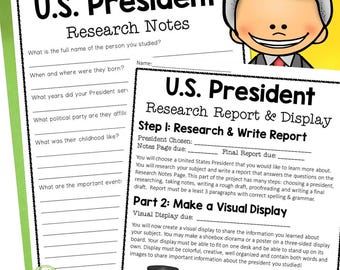 Può includere: Foglio di lavoro stampabile in bianco e nero per un progetto scolastico sui presidenti degli Stati Uniti. Il foglio di lavoro include sezioni per appunti di ricerca e una visualizzazione. Il testo sul foglio di lavoro dice "U.S. President Research Notes" e "U.S. President Research Report & Display".