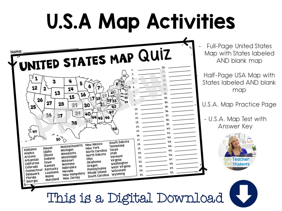 United States Map Quiz Worksheet: USA Map Test With Practice Sheet