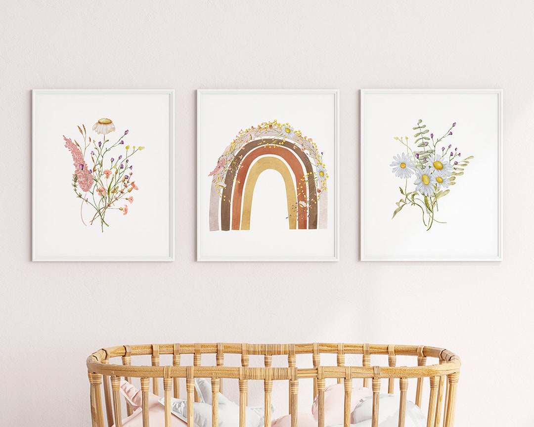 Rainbow and Wildflowers Set of 3 Nursery Art Prints, Boho Nursery Decor ...