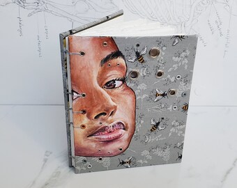 Hand-Painted Journal: Bees & Face Art, Deckled Edge Paper