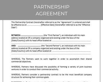 Partnership Agreement, Contract Agreement, Partnership Contract Template, Partnership Agreement Template, Editable Template