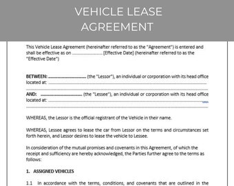 Vehicle Lease Agreement, Vehicle Rental Agreement, Contract Agreement, Editable Template, Editable Agreement