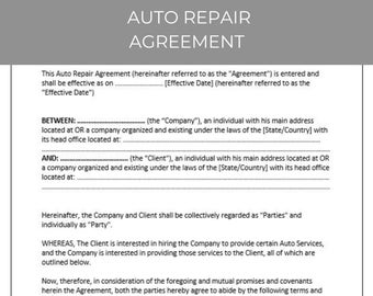 Auto Repair Agreement, Editable Template, Contract Agreement, Contract Template, Agreement Template,