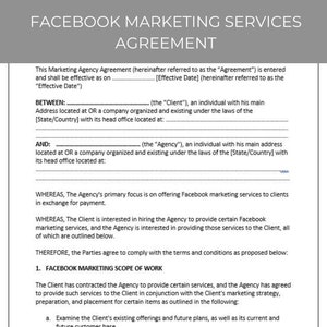 Facebook Marketing Services Agreement, Editable Template, Contract Agreement, Facebook Marketing Contract Template, Agreement Template