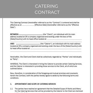 Catering Contract, Editable Template, Contract Agreement, Contract Template, Agreement Template