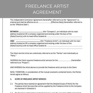 Freelance Artist Agreement, Editable Agreement, Contract Agreement, Freelance Artist Contract Template, Freelance Artist Agreement Template