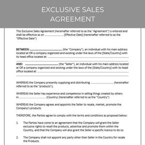 Exclusive Sales Agreement, Contract Agreement, Sales Contract Template, Sales Agreement Template