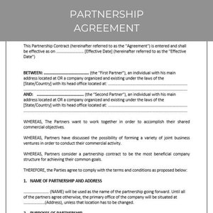 Partnership Agreement, Contract Agreement, Partnership Contract Template, Partnership Agreement Template, Editable Template