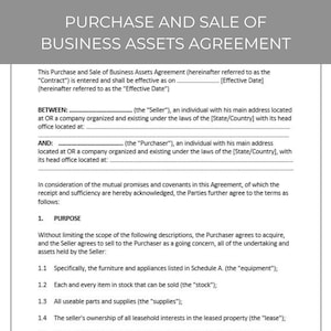 Purchase and Sale of Business Assets Agreement, Editable Template, contract Agreement, Contract Template, Agreement Template