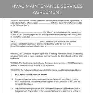 HVAC Maintenance Services Agreement, Editable Agreement, Contract Agreement, Agreement Template, Contract Template