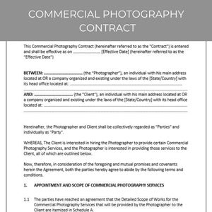 Commercial Photography Contract, Editable Template, Contract Agreement, Contract Template, Agreement Template