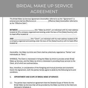 Bridal Make-Up Service Agreement, Editable Template, Contract Agreement, Contract Template, Agreement Template