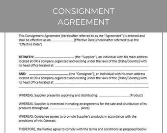 Consignment Agreement, Contract Agreement, Contract Template, Agreement Template, Editable Template