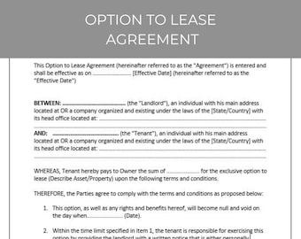 Opción de Contrato de Arrendamiento, Contrato de Alquiler, Contrato de Arrendamiento, Acuerdo de Contrato, Plantilla Editable