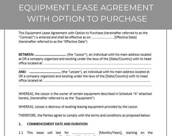 Equipment Lease With Option to Purchase Agreement, Editable Template, Contract Agreement, Lease Contract, Rental Agreement