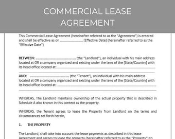 Commercial Lease Agreement, Lease Contract, Rental Agreement, Contract Agreement, Editable Template
