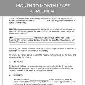 Month to Month Lease Agreement, Rental Agreement, Residential Lease, Lease Contract, Contract Agreement, Editable Template
