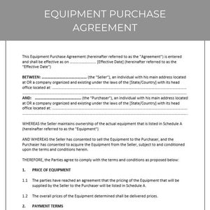 Equipment Purchase Agreement, Contract Agreement, Contract Template, Agreement Template, Equipment Acquisition