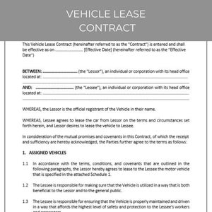 Vehicle Lease Contract, Vehicle Lease Agreement, Rental Agreement ...