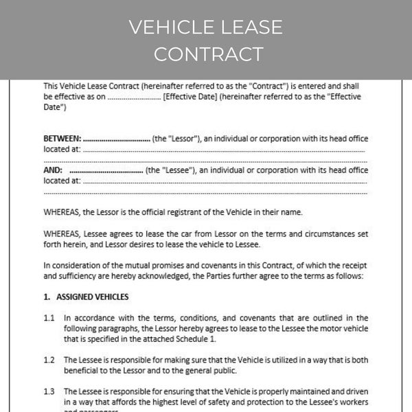 Vehicle Lease Contract, Vehicle Lease Agreement, Rental Agreement, Lease Contract, Contract Agreement, Editable Template