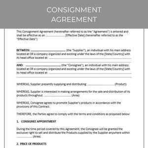 Consignment Agreement, Contract Agreement, Contract Template, Agreement Template, Editable Template