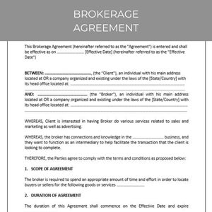 Brokerage Agreement, Contract Agreement, Contract Template, Editable Template