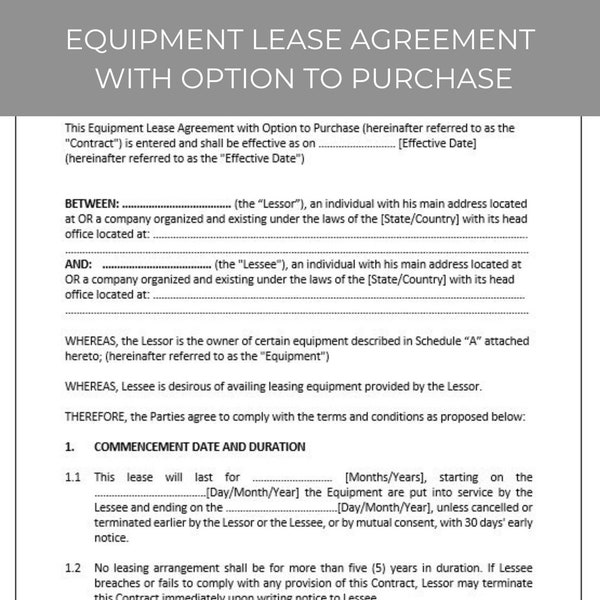 Equipment Lease With Option to Purchase Agreement, Editable Template, Contract Agreement, Lease Contract, Rental Agreement