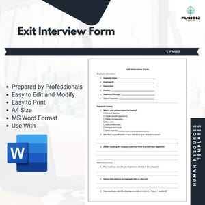 Könnte beinhalten: Ein weißes Austrittsgesprächsformular mit schwarzem Text. Das Formular enthält Abschnitte für Mitarbeiterinformationen, Gründe für den Austritt und Arbeitsumfeld. Das Formular ist mit "Austrittsgesprächsformular" betitelt und mit "2 Seiten" gekennzeichnet.