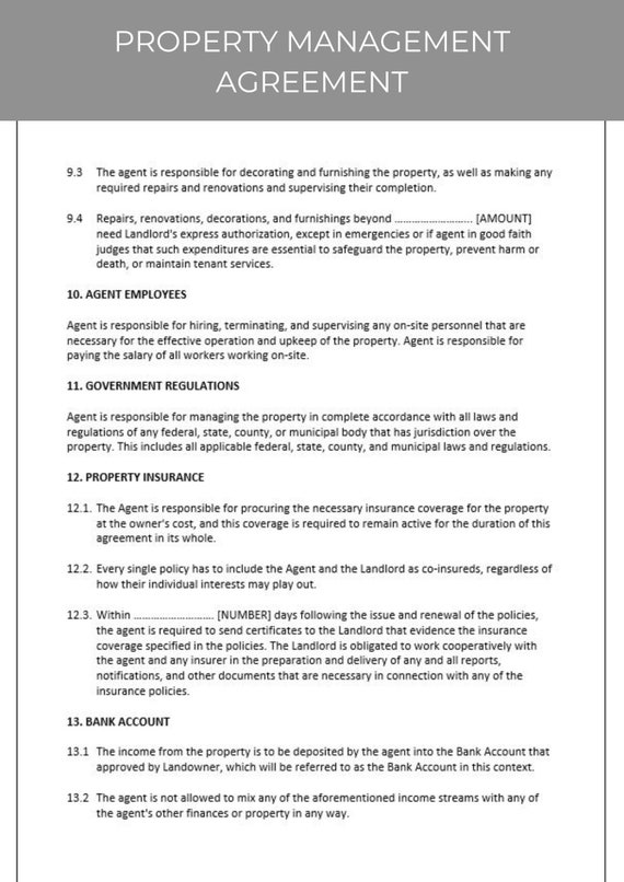 Property management agreement excerpt covering repairs, employees, regulations, and insurance