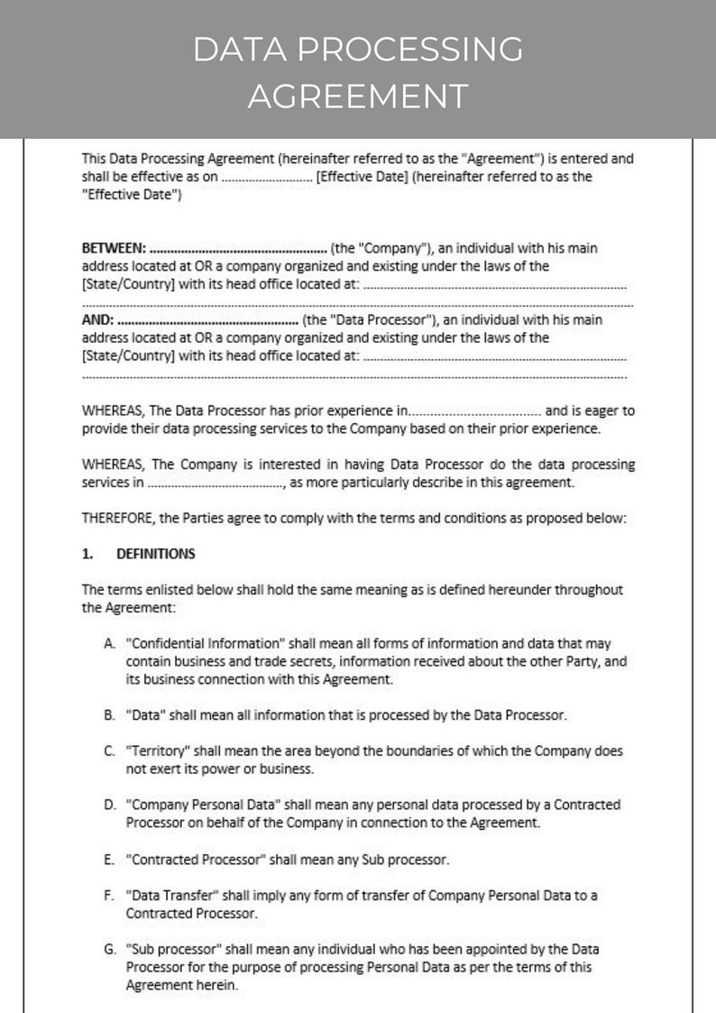以下が含まれることがあります： データ処理契約というタイトルの法的文書。企業とデータ処理業者間のデータ処理サービスの条件を定めています。