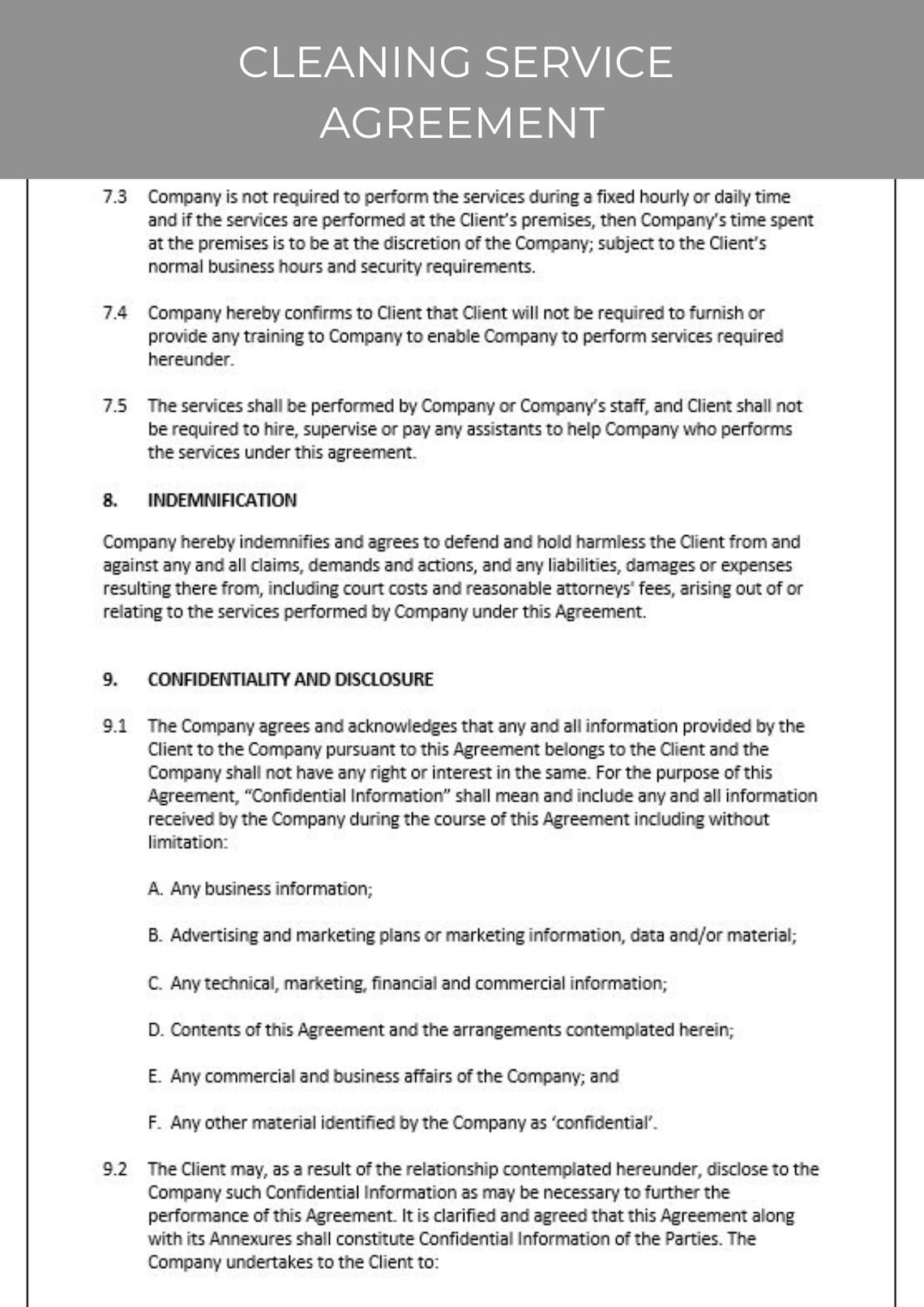 Cleaning Services Agreement, Cleaning Services Contract, Cleaning