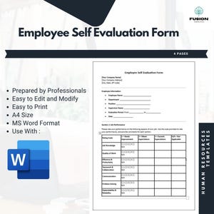 May include: A printable employee self-evaluation form with a rating scale and sections for job knowledge, quality of work, efficiency, productivity, teamwork, communication, problem solving, dependability, and reliability. The form is designed for use with Microsoft Word.