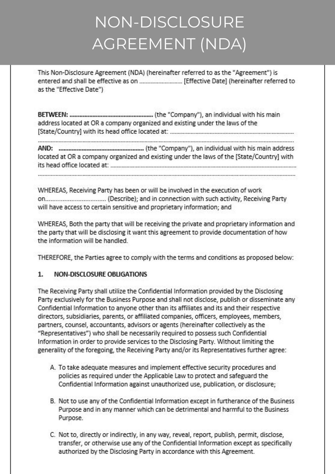 Comprehensive Nda Sample Non-disclosure Agreement (NDA) - Etsy