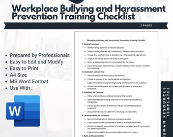 Può includere: Checklist per la formazione sulla prevenzione del bullismo e delle molestie sul posto di lavoro. Questa checklist include i passaggi per la preparazione della formazione, l'introduzione e la panoramica, le definizioni e gli esempi, le politiche e le procedure aziendali e i diritti e le responsabilità.