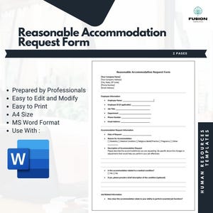 Puede incluir: Una plantilla de formulario de solicitud de acomodación razonable imprimible en blanco y negro. El formulario incluye secciones para información del empleado, información de solicitud de acomodación e información relacionada con el trabajo. El formulario está diseñado para ser utilizado con Microsoft Word.
