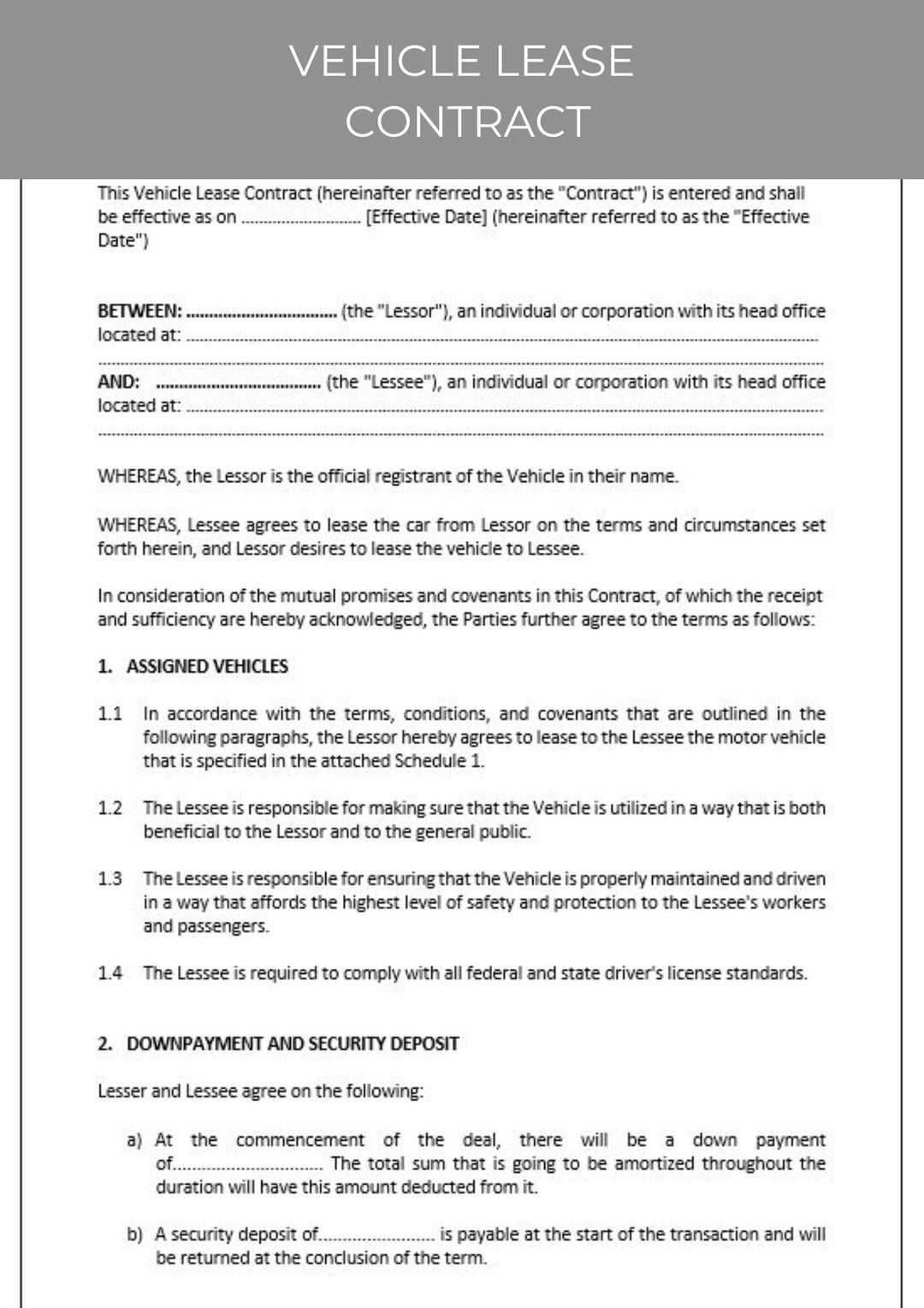 Vehicle Lease Contract, Vehicle Lease Agreement, Rental Agreement