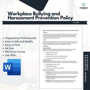 Może przedstawiać: Dokument dotyczący polityki zapobiegania mobbingowi i nękaniu w miejscu pracy z niebiesko-białym logo Microsoft Word. Dokument określa cel, zakres, definicje i obowiązki związane z mobbingiem i nękaniem w miejscu pracy.