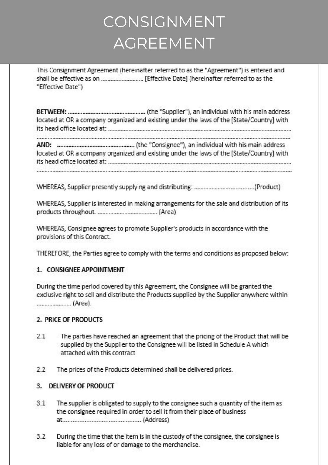 Consignment Agreement, Contract Agreement, Contract Template, Agreement