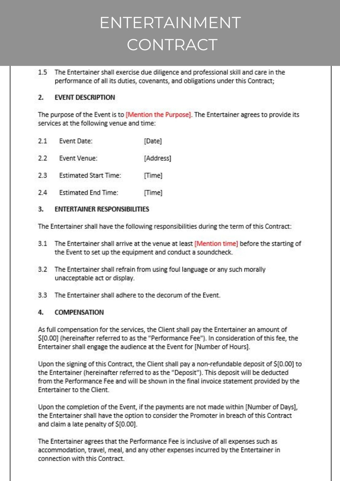 Entertainment Contract, Editable Template, Contract Agreement Entertainment Contract, Editable Template, Contract Agreement