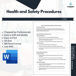 May include: A white document with a blue header that reads "Health and Safety Procedures". The document outlines the steps to maintain health and safety in the workplace, protect employees from hazards, and ensure compliance with all applicable health and safety laws and regulations.