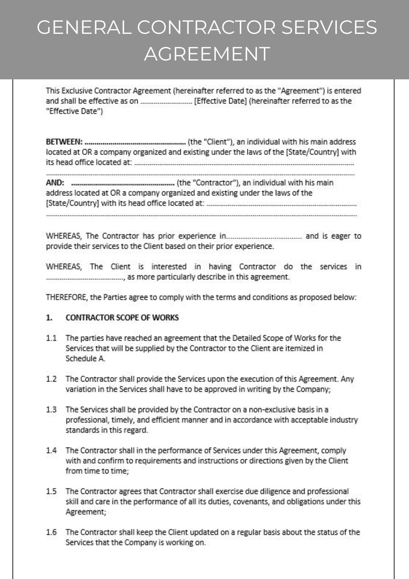 Gc Contract Example General Contractor Services Agreement, Editable Template, Contract ...