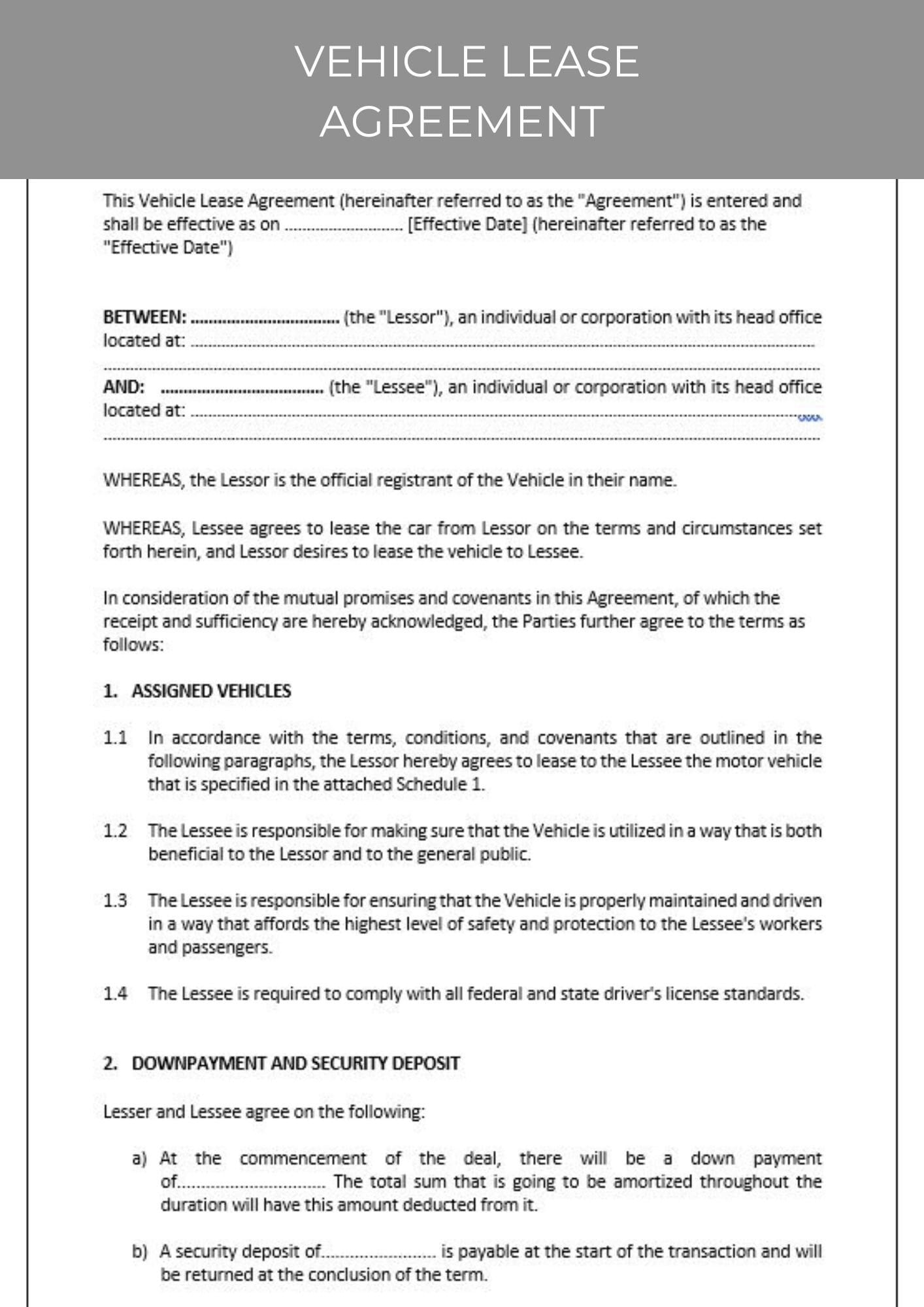 Vehicle Lease Agreement, Vehicle Rental Agreement, Contract Agreement, Editable Template, Editable Agreement