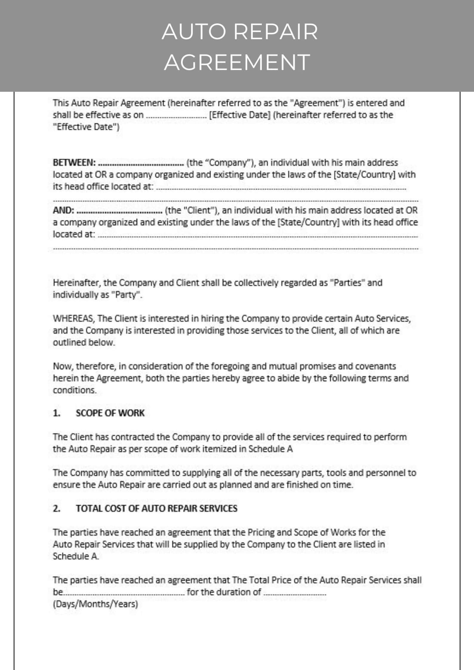 Auto Repair Agreement, Editable Template, Contract Agreement, Contract Auto Repair Agreement, Editable Template, Contract Agreement, Contract