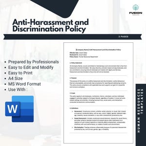 Może przedstawiać: Dokument opisujący politykę przeciwdziałania molestowaniu i dyskryminacji w firmie. Dokument zawiera oświadczenie o polityce, cel, zakres i definicje molestowania i dyskryminacji.