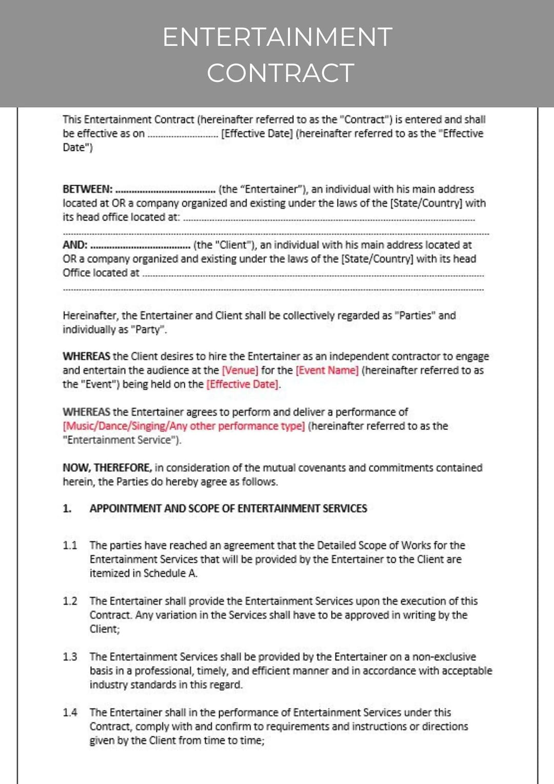 Entertainment Contract, Editable Template, Contract Agreement