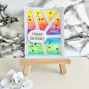 Handgemachte Geburtstagskarte mit Regenbogen-Design – Happy Birthday Karte mit Pflanzenmuster – Aquarell Karte für Geburtstag