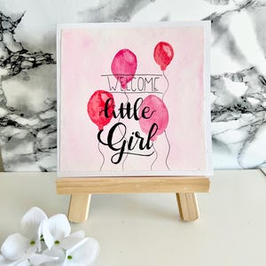 Carte de naissance fille – Carte bébé faite main « Bienvenue petite fille » – Ballons aquarelle roses – Carte de naissance – Félicitations fille